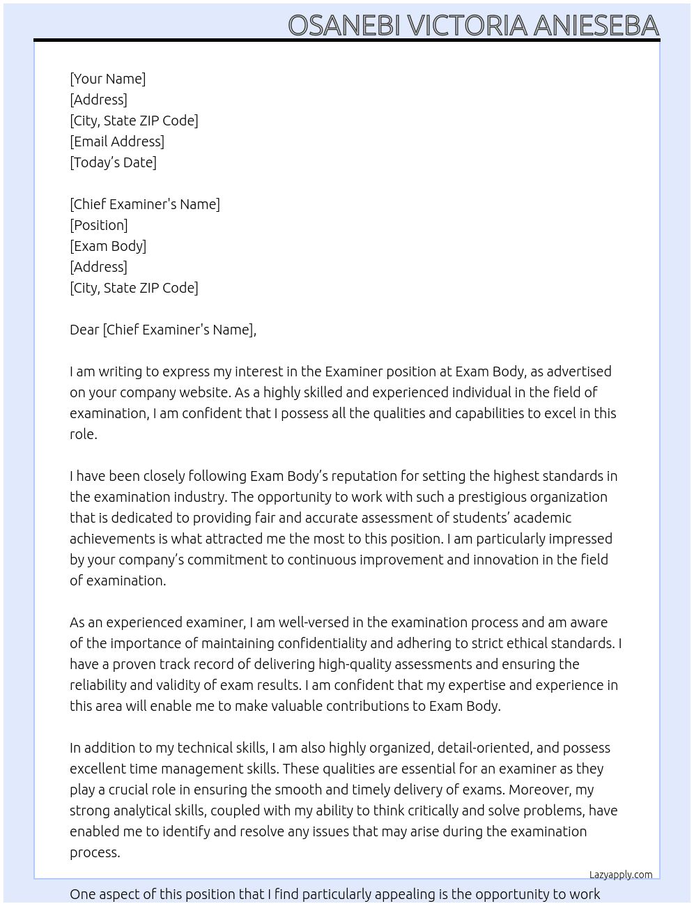 Examiner At Exam Body Cover Letter