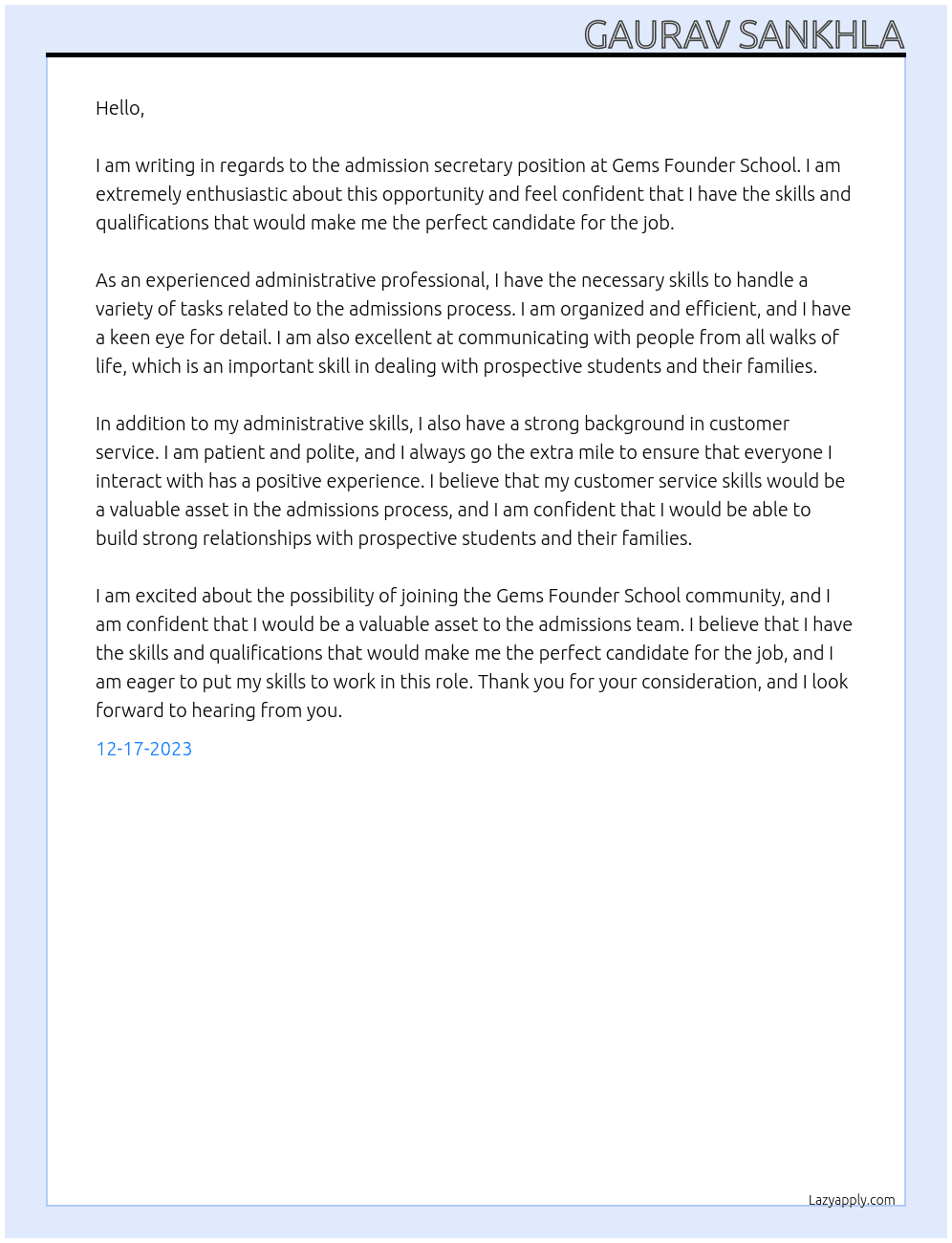 Admission secretary JB4870429 At GEMS FOUNDER SCHOOL Cover Letter