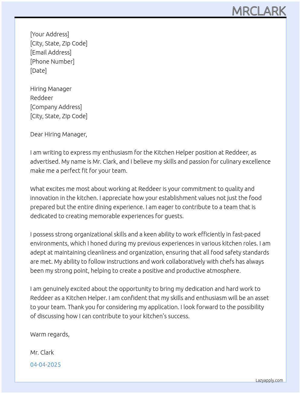 kitchen helper At reddeer Cover Letter