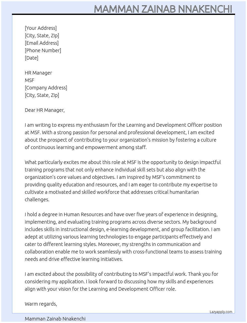Cover letter for learning and development officer - LazyApply