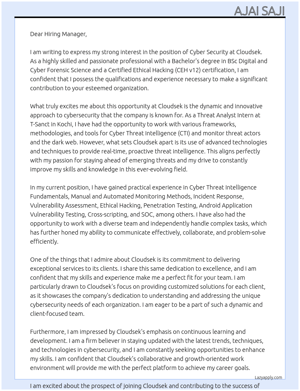 Cyber security At Cloudsek Cover Letter