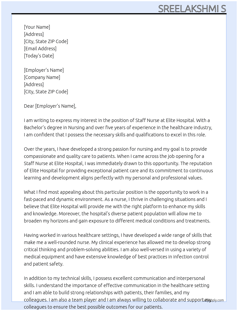 BSc Nursing At Staff nurse  Cover Letter