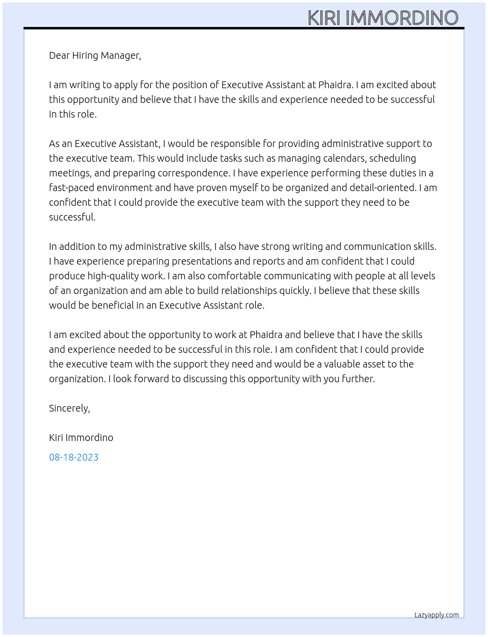 Executive Assistant At Phaidra Cover Letter