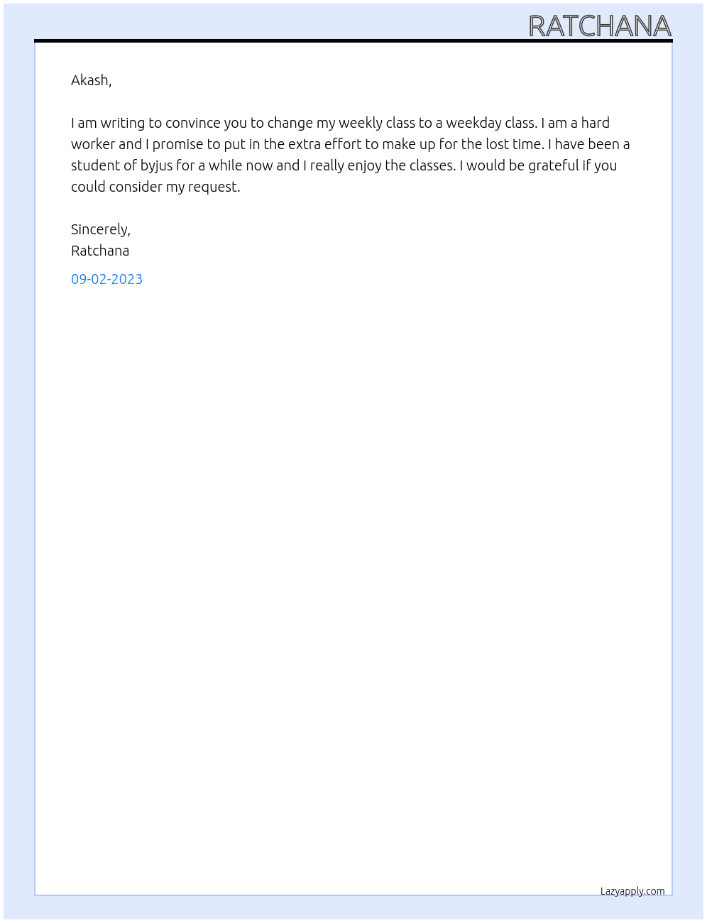 change weekly class to week day class At akash byjus Cover Letter