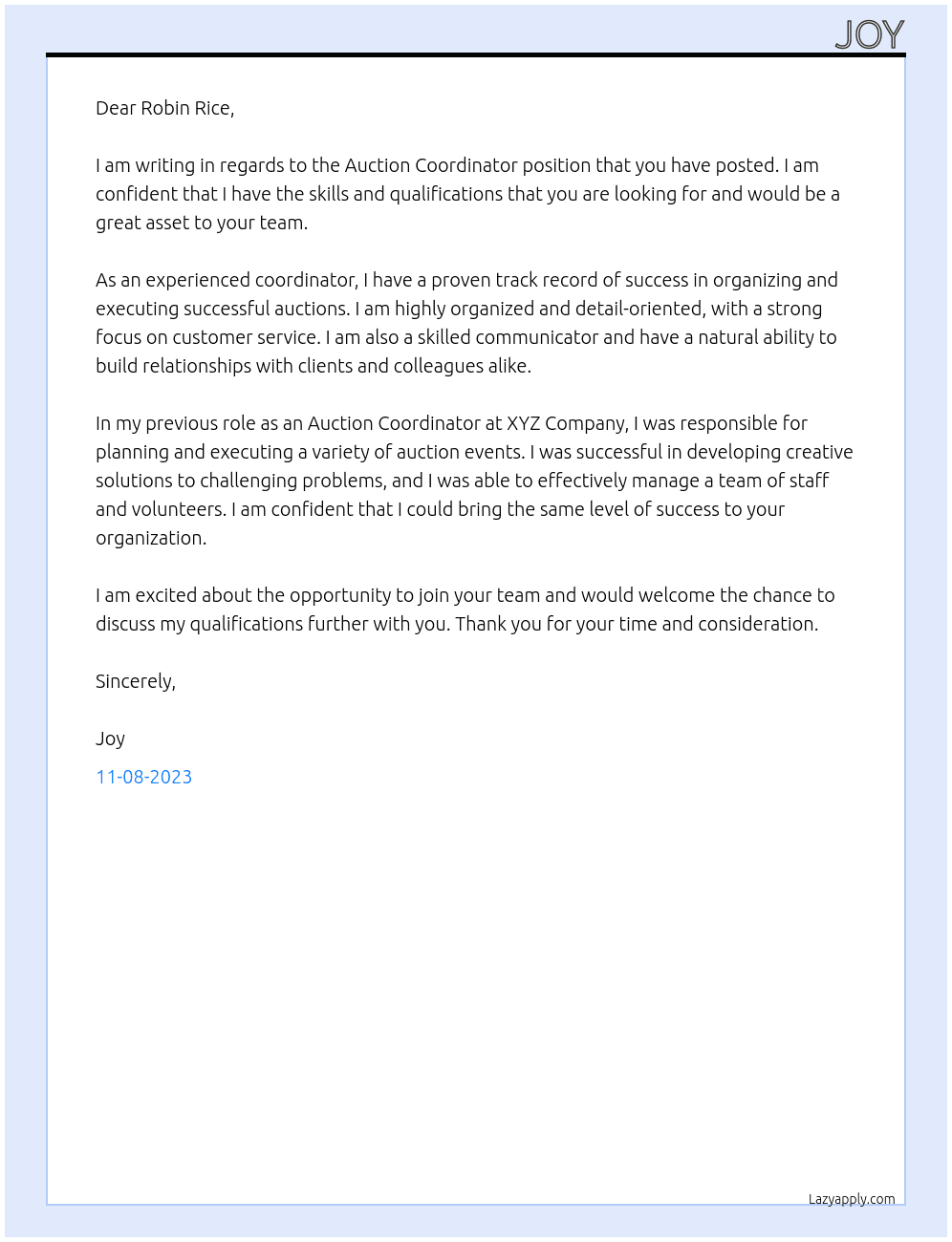 Auction Coordinator At Robin Rice Cover Letter