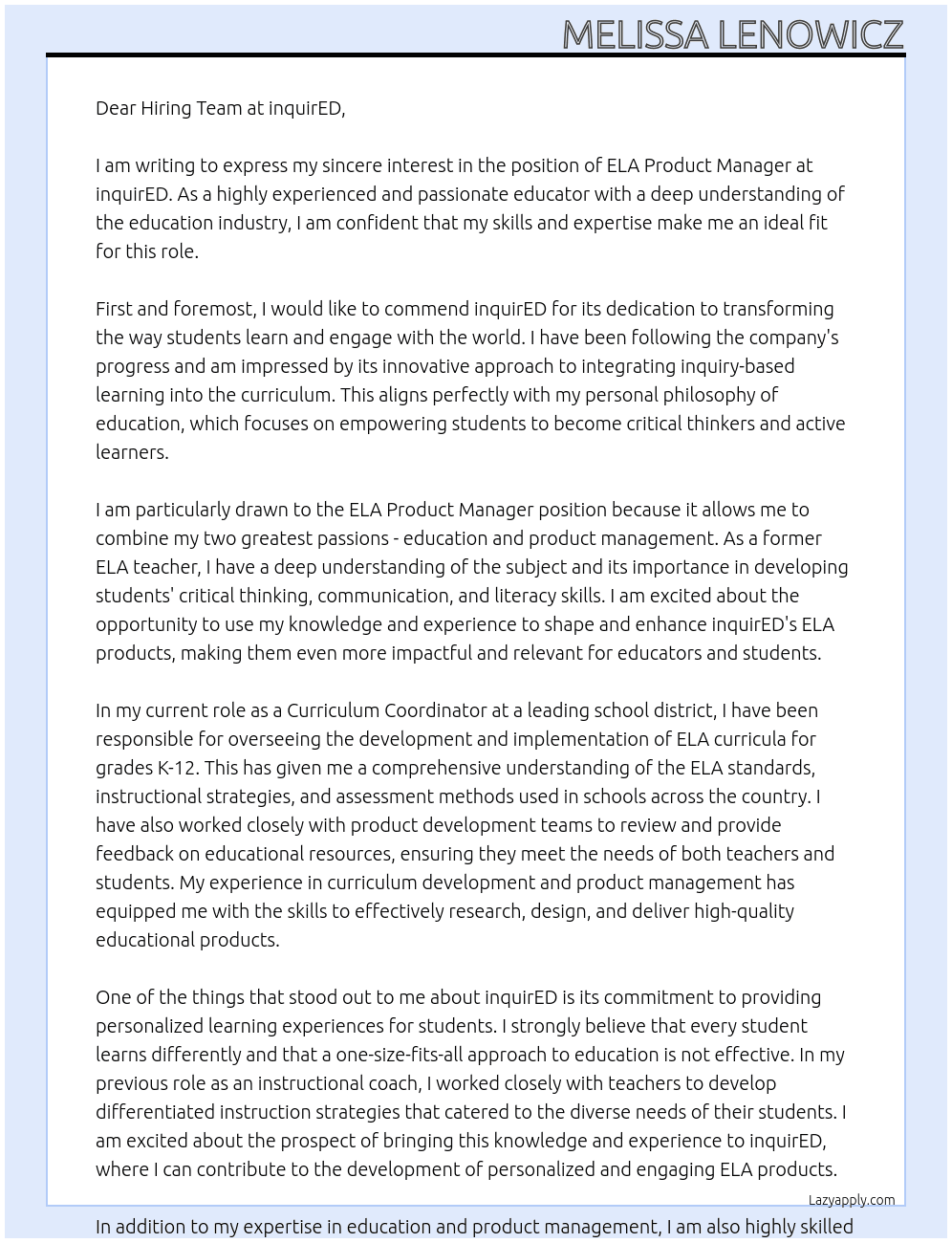 ELA Product Manager At inquirED Cover Letter