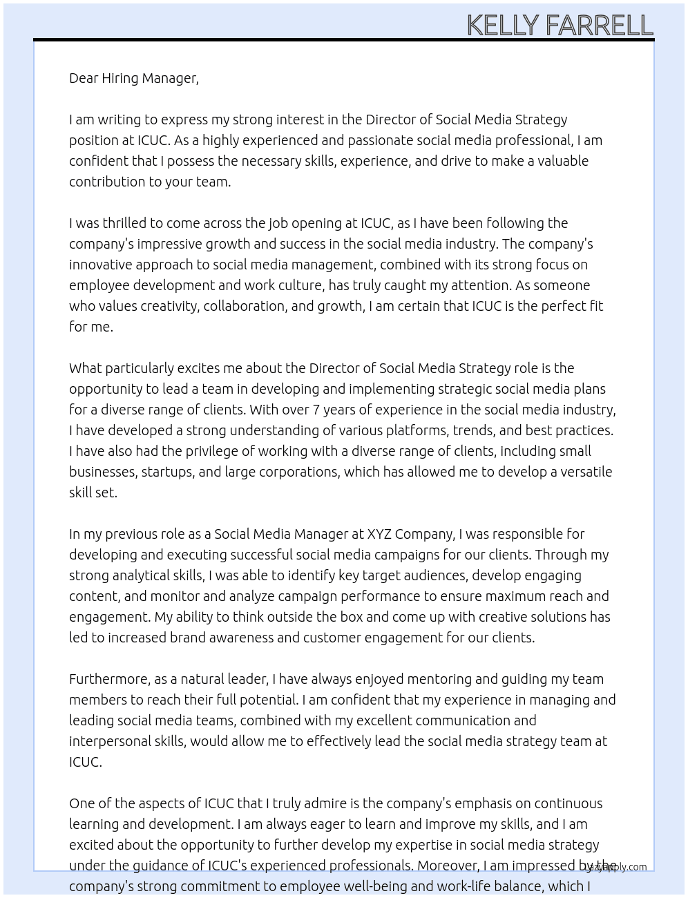 Director, Social Media Strategy  At ICUC Cover Letter
