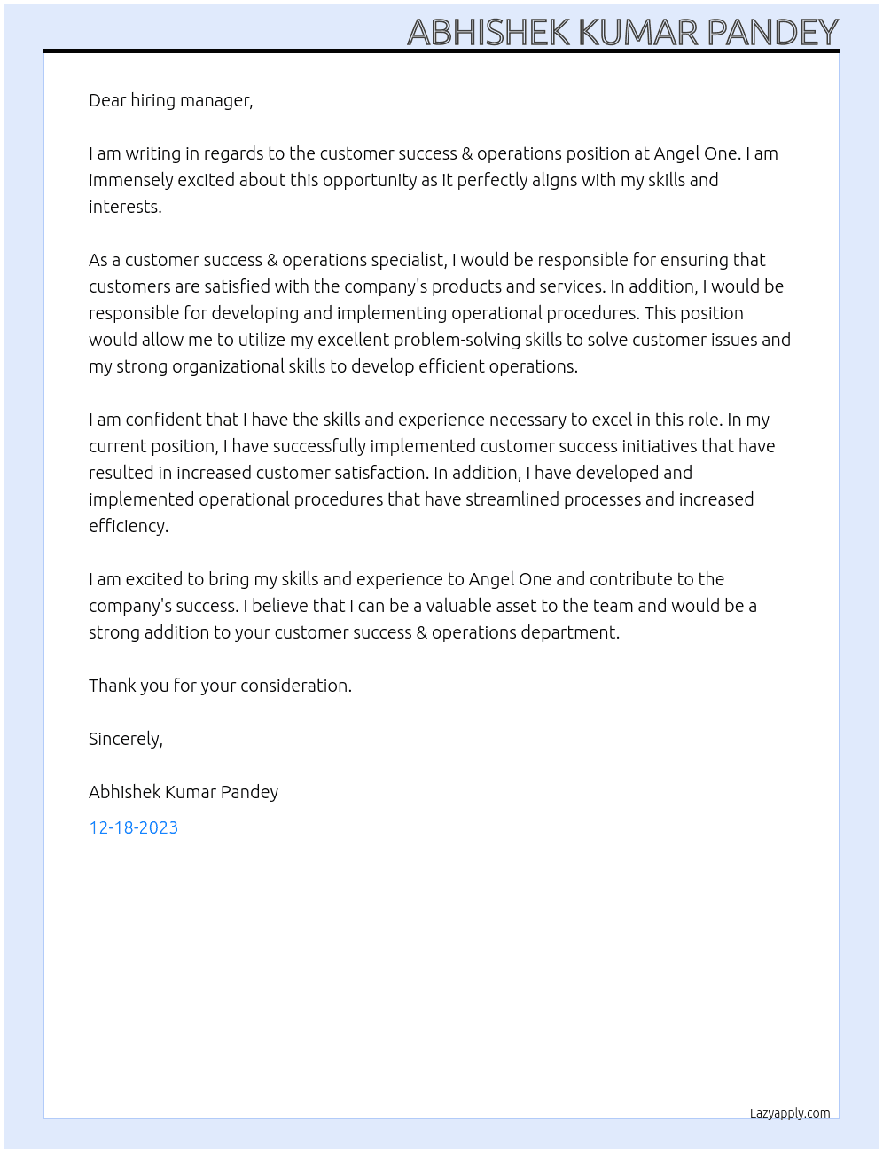 customer success & operations At angel one Cover Letter