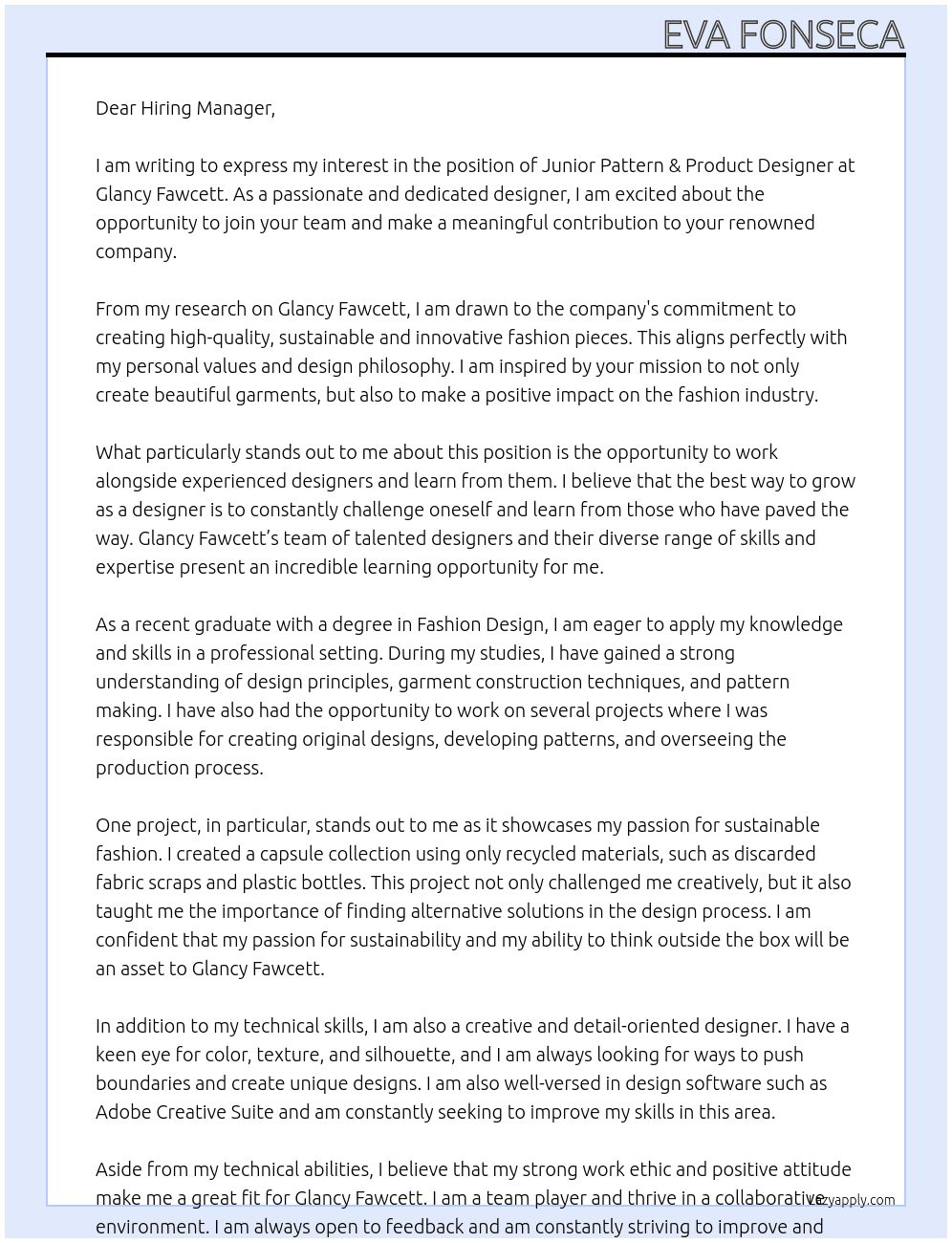 Junior Pattern &amp; Product Designer At Glancy Fawcett Cover Letter