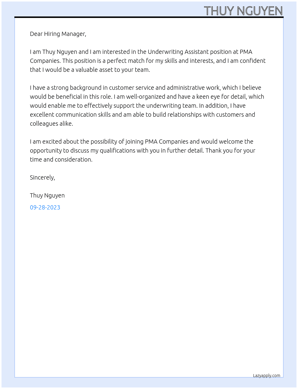  Underwriting Assistant At PMA Companies  Cover Letter