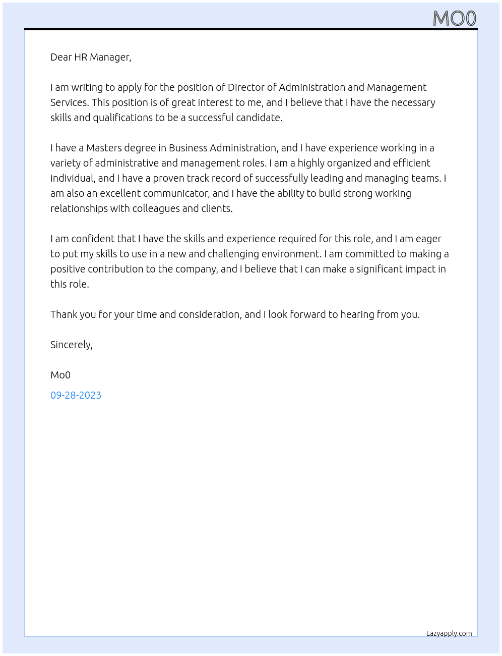 Director Administration and Management Services At ANonymous Cover Letter