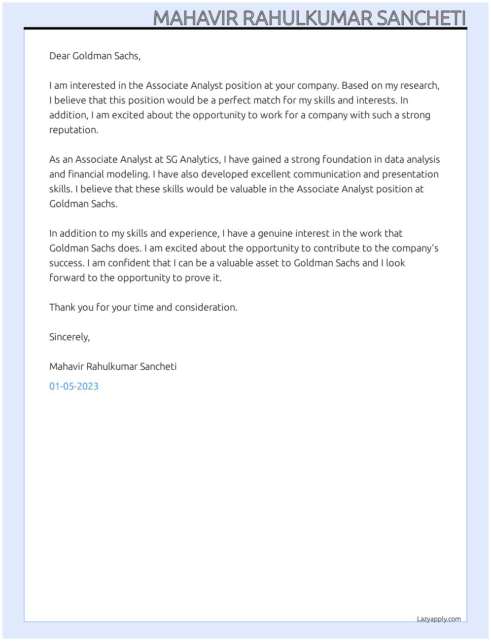 Associate Analyst  At SG Analytics  Cover Letter