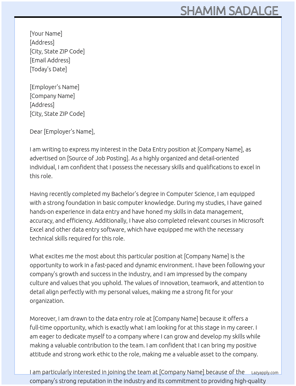 Data entry  At Commerce Cover Letter
