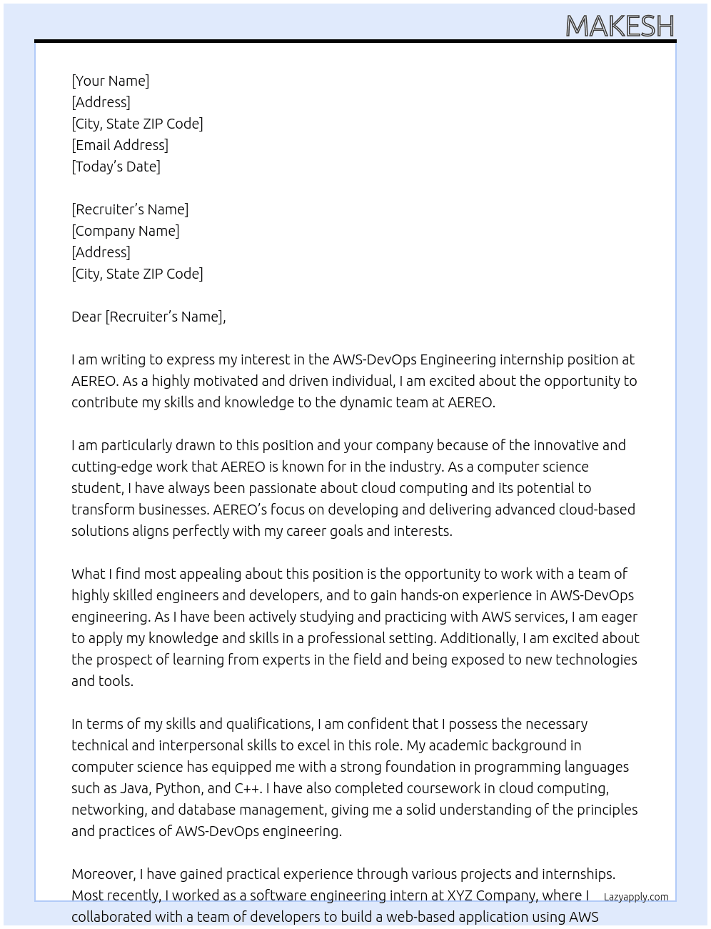 AWS-DevOps Engineering internship At AEREO Cover Letter