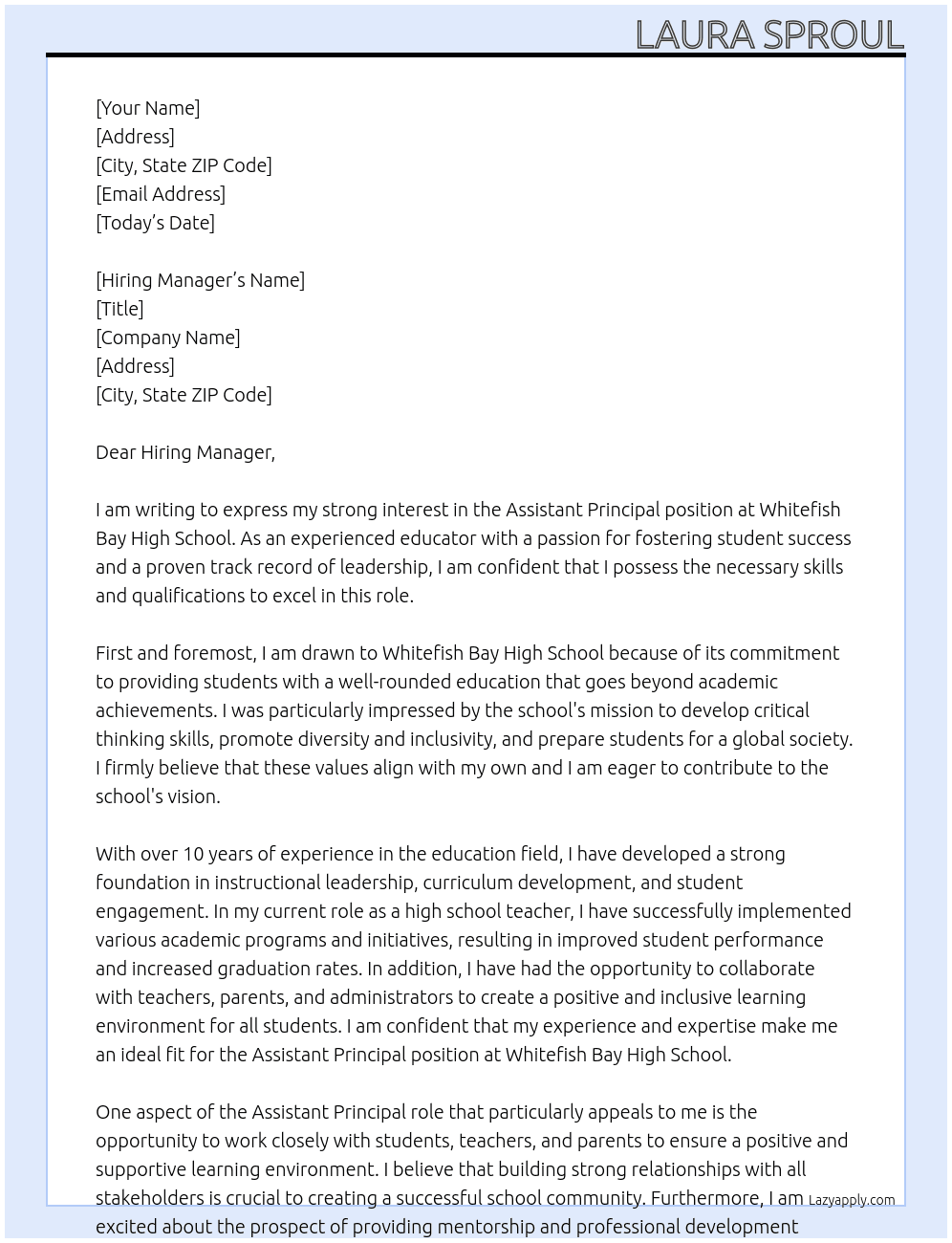 Assistant Principal At Whitefish Bal High School Cover Letter