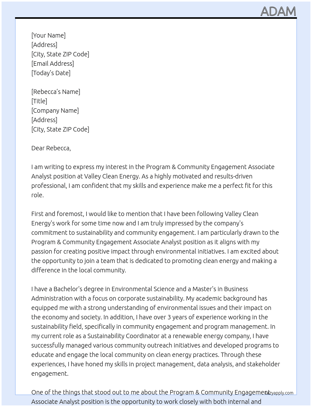 Program & Community Engagement Associate Analyst At Valley Clean Energy Cover Letter
