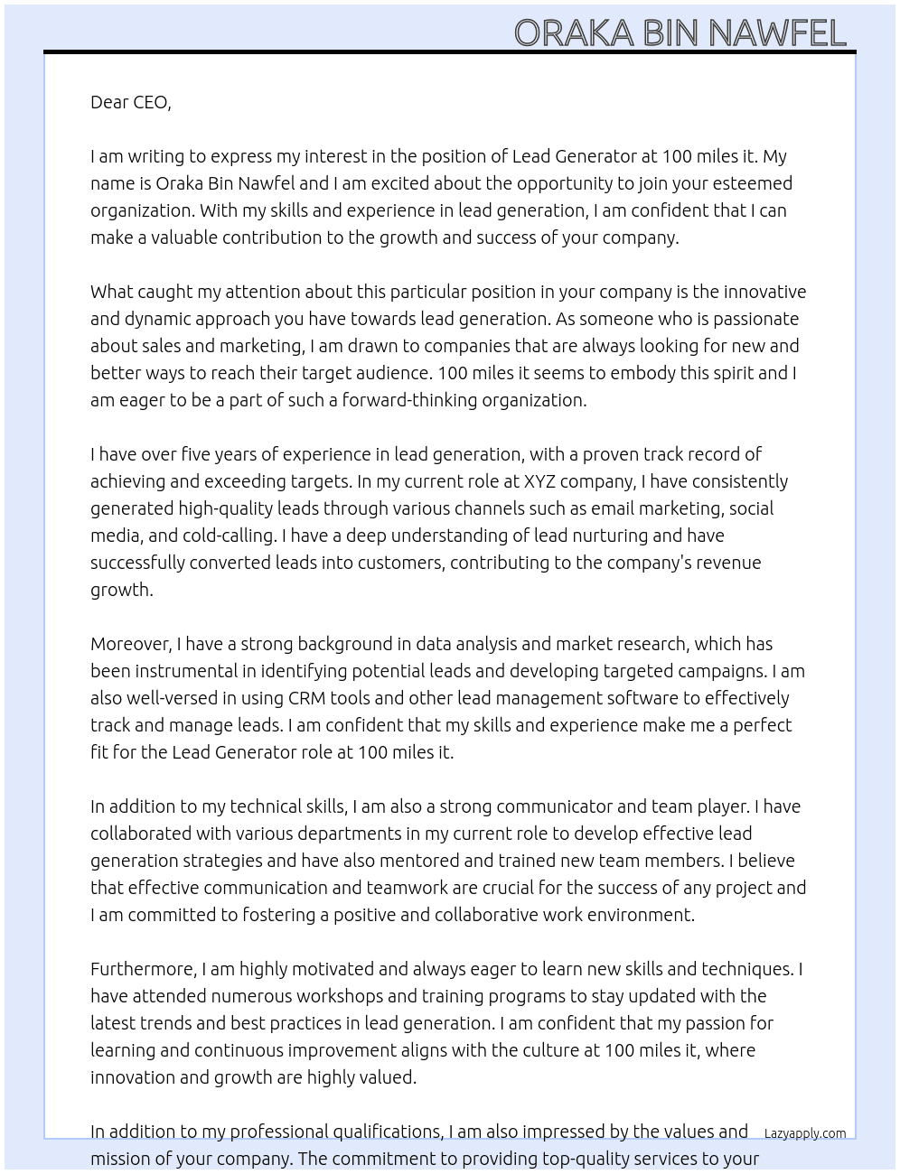Lead Generator  At 100 miles it Cover Letter