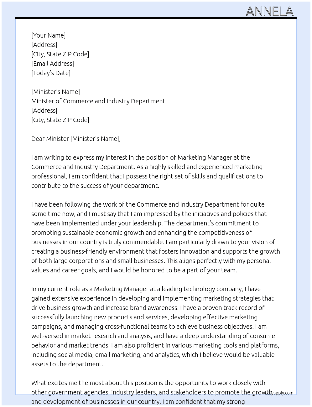 Marketing Manager  At Commerce and industry department  Cover Letter
