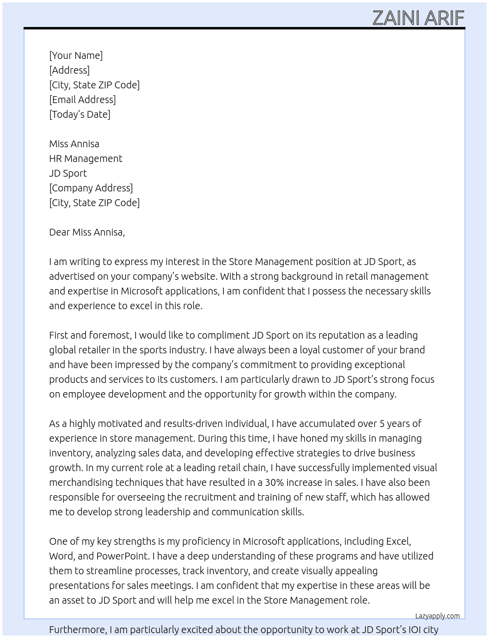 Store Management  At JD Sport Cover Letter