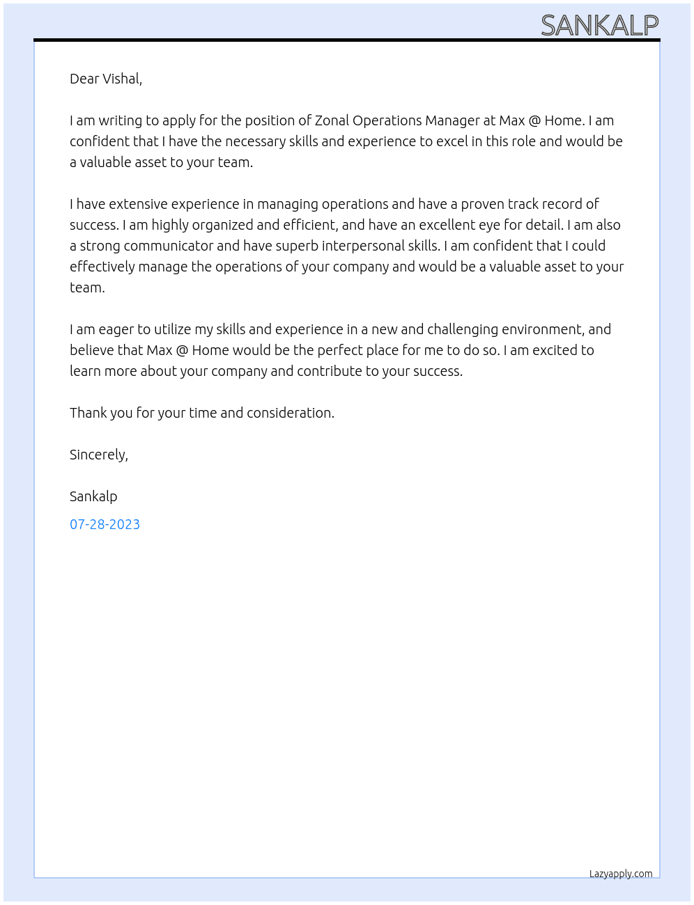 Zonal operations manager At Max @ Home Cover Letter