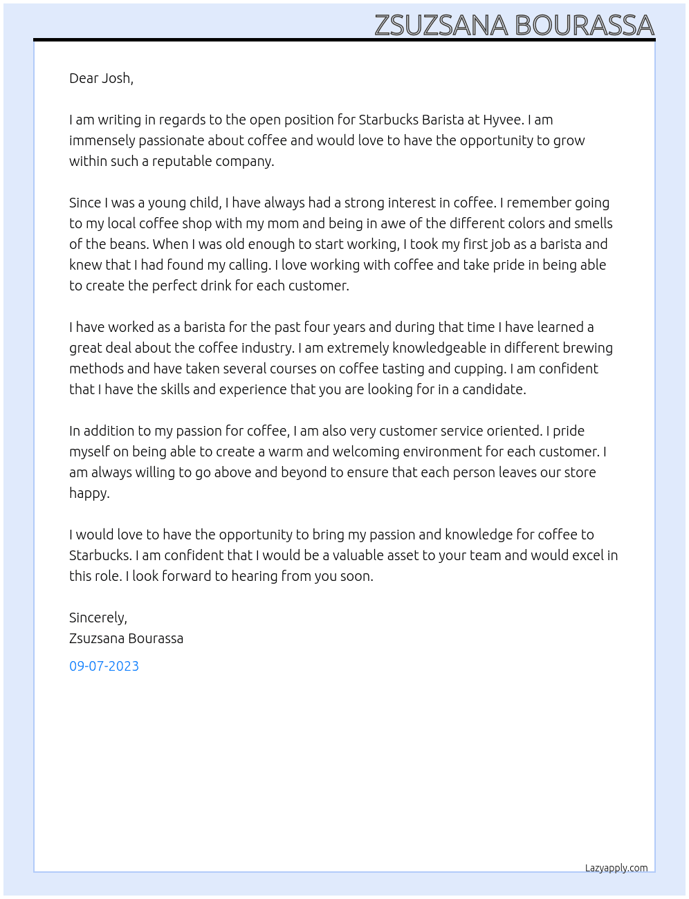 Starbucks Barista At Hyvee Cover Letter
