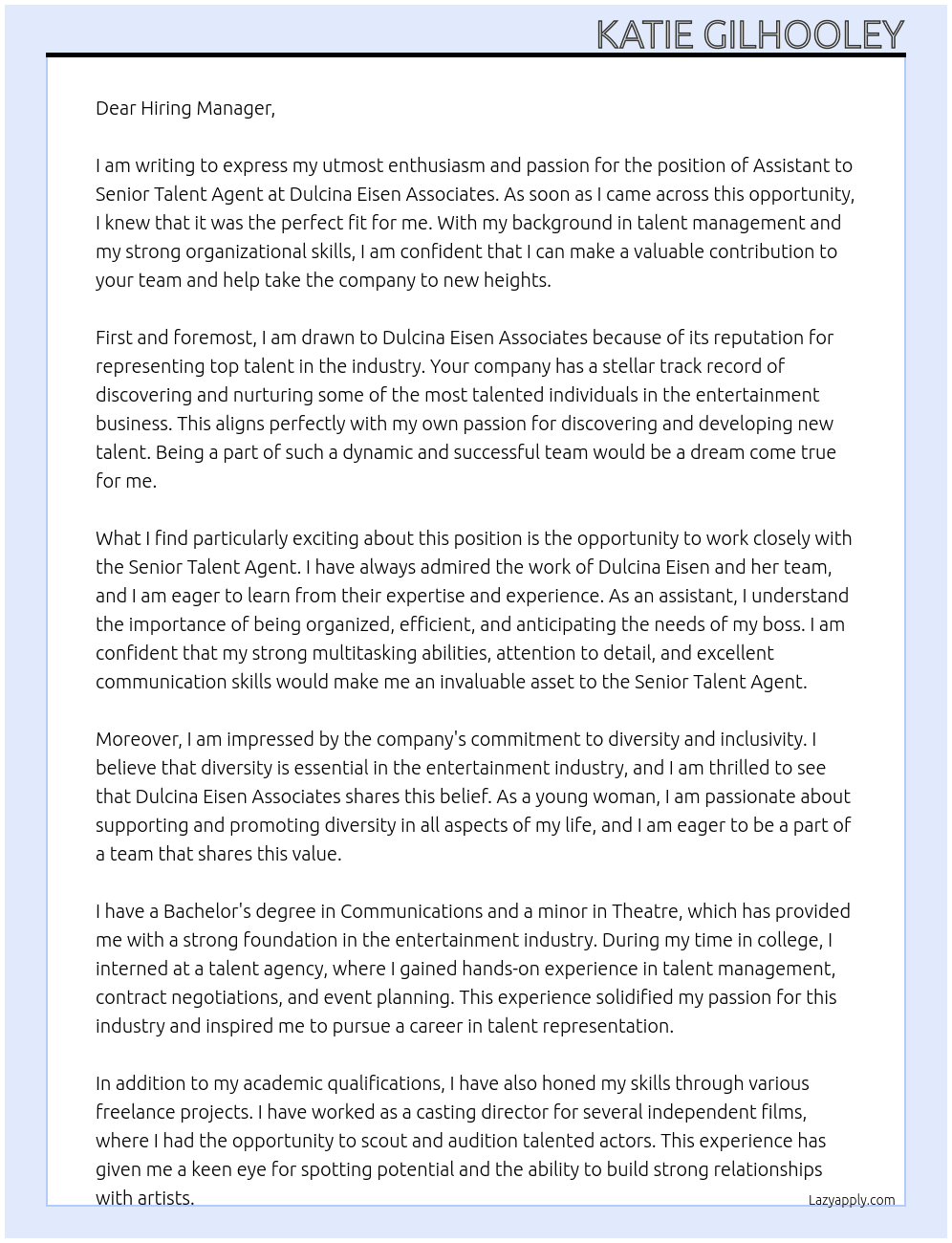 Assistant to Senior Talent Agent At Dulcina Eisen Associates Cover Letter