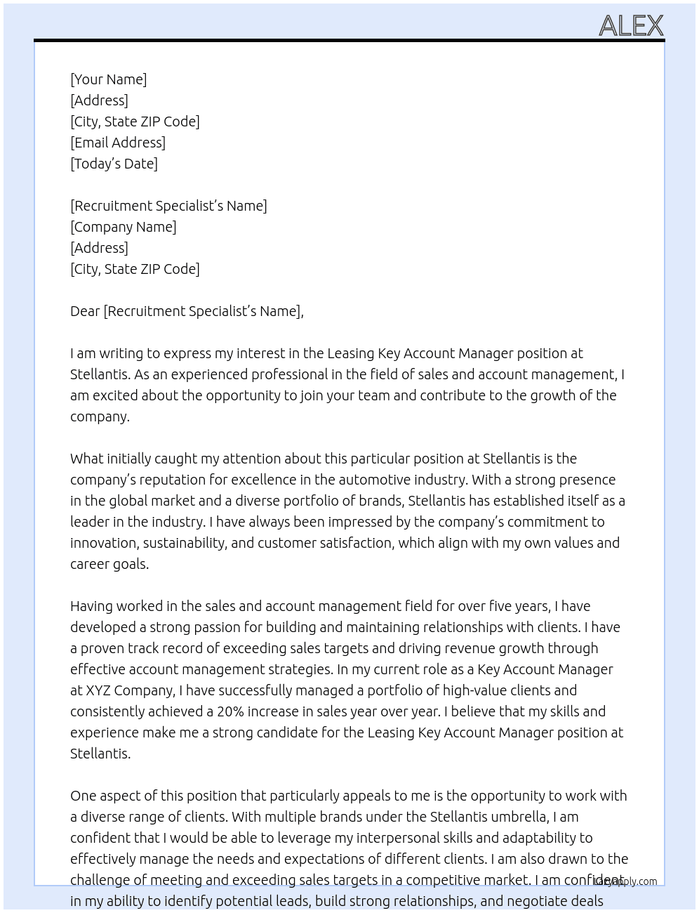 Leasing Key Account Manager At Stellantis Cover Letter