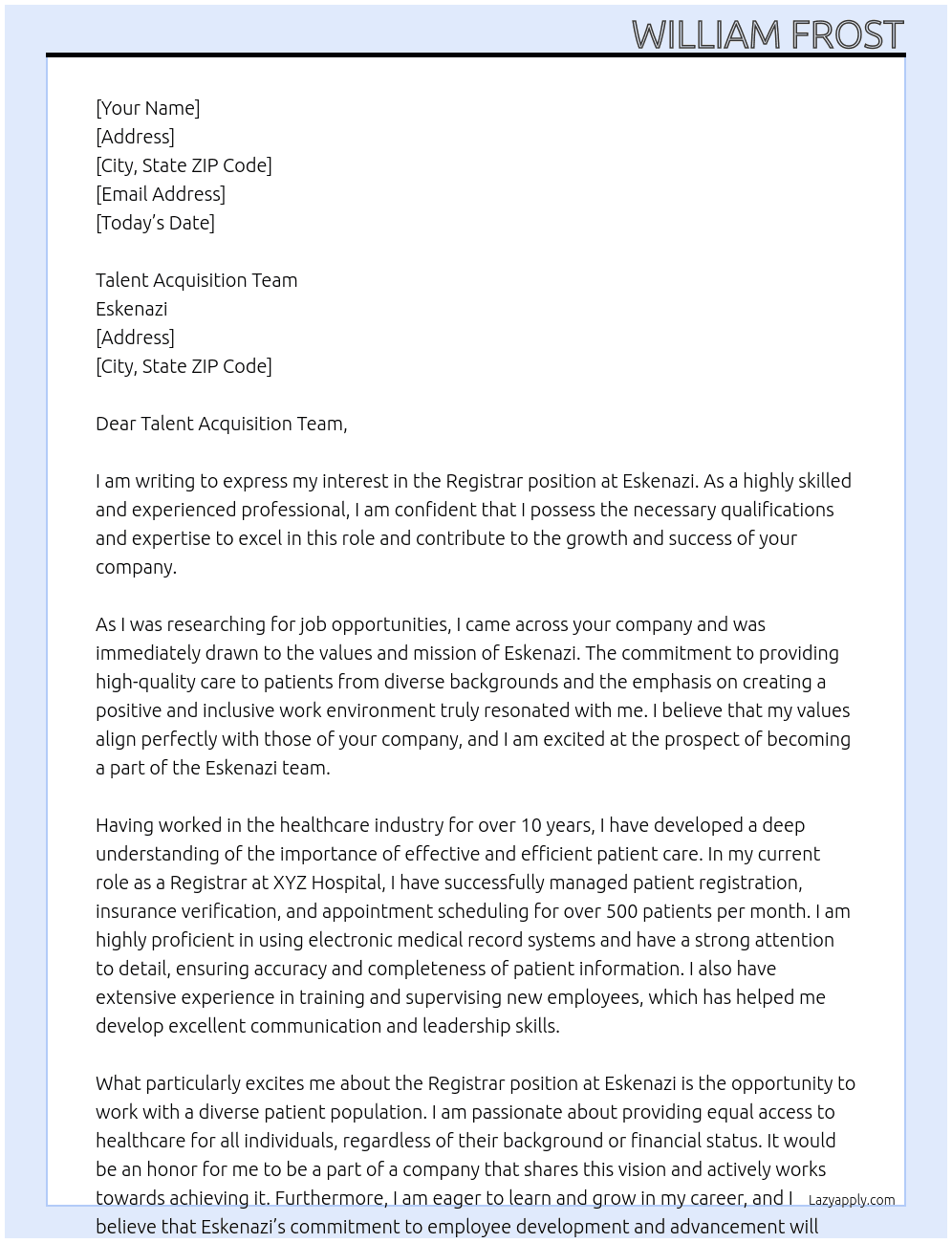 Registrar At Eskenazi Cover Letter