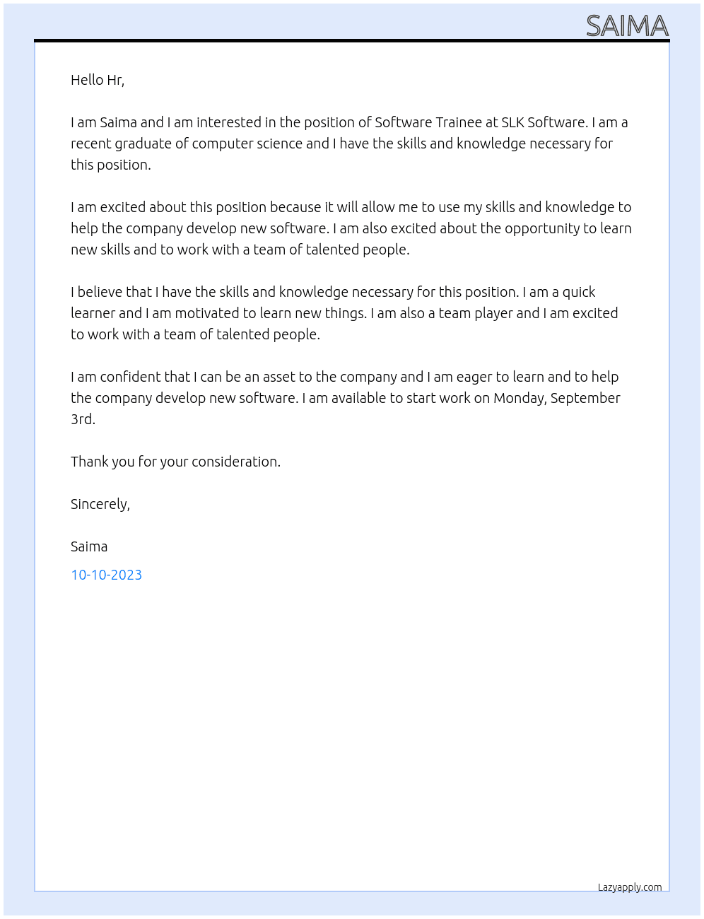 Software Trainee At SLK Software  Cover Letter