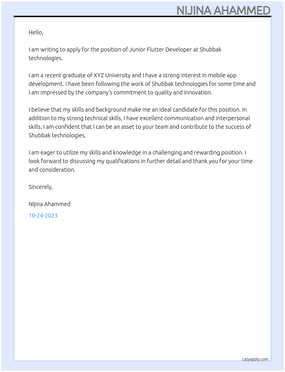 Junior Flutter Developer At Shubbak technologies Cover Letter