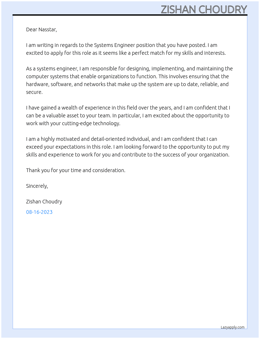 Systems Engineer At nasstar Cover Letter