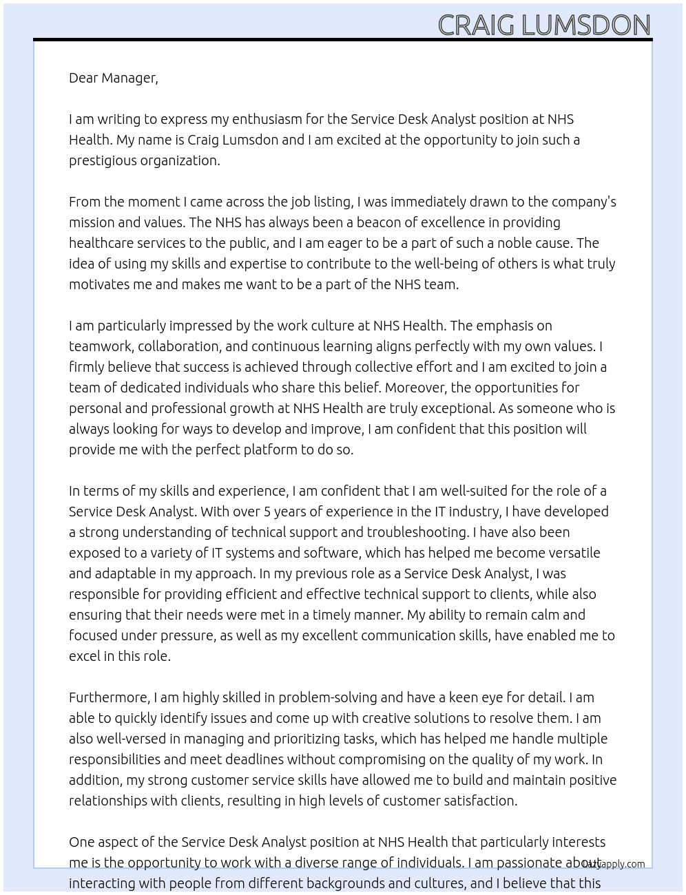 Service Desk Analyst At NHS Health  Cover Letter
