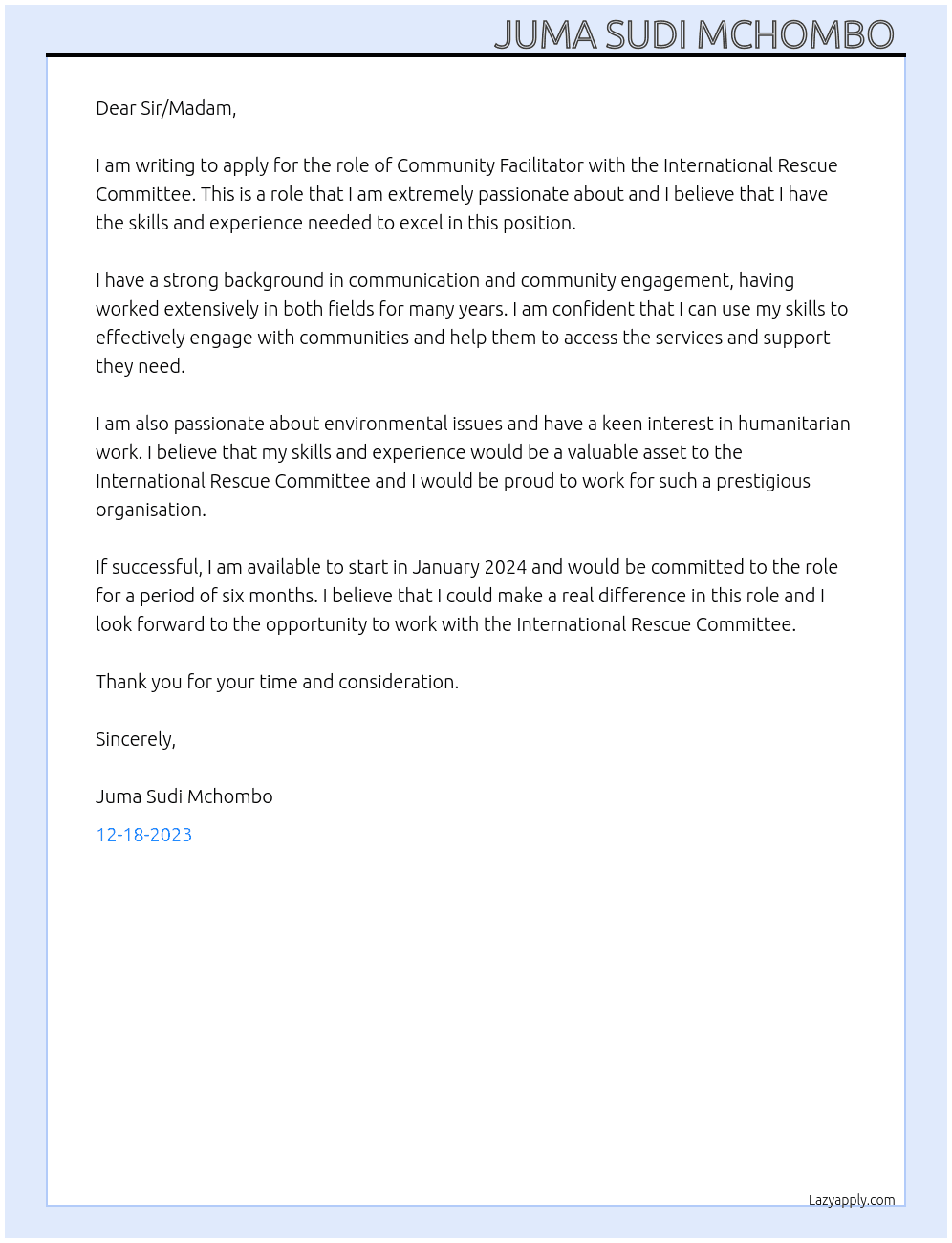 Community Facilitator  At International Rescue committee  Cover Letter