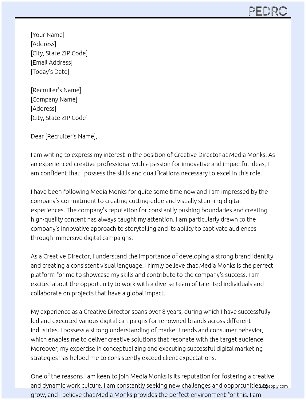Creative Director  At Media Monks Cover Letter