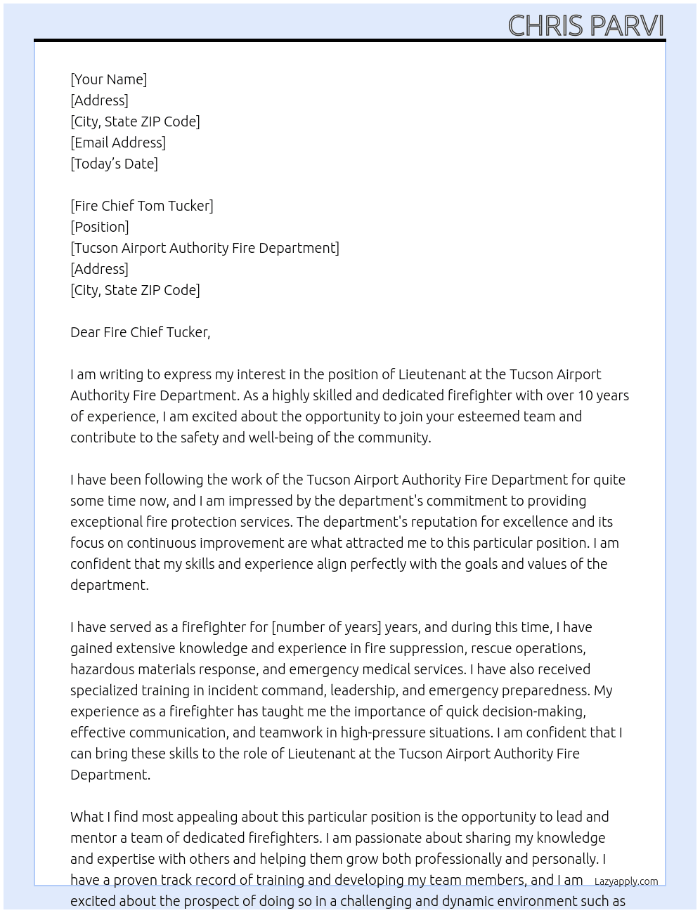 Lieutenant At Tucson Airport Authority Fire Department Cover Letter