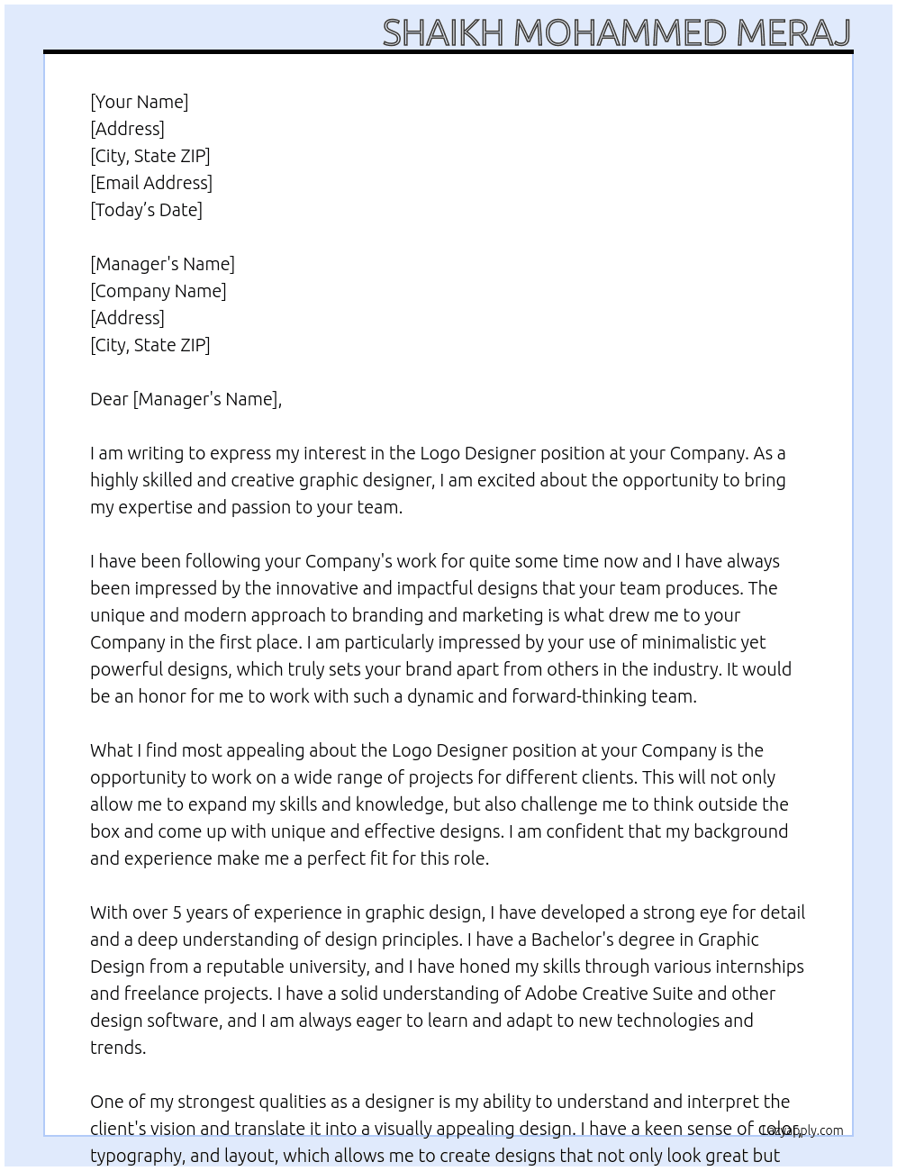 Logo Designer At your Company Cover Letter