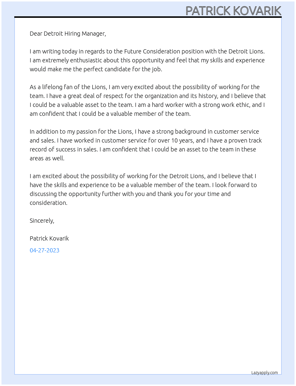 Future Consideration At Detroit Lions Cover Letter