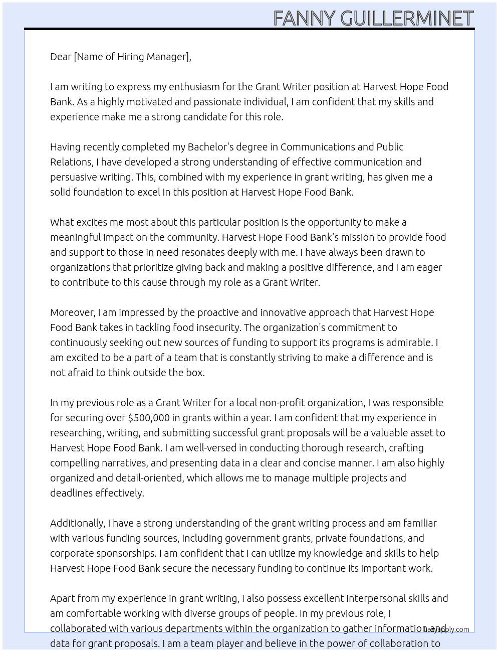 grant writter At Harvest Hope Food Bank  Cover Letter