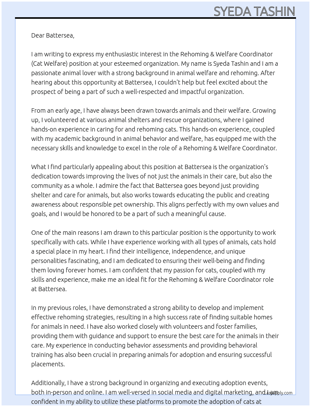 Rehoming & Welfare Coordinator (Cat Welfare) At Battersea Cover Letter