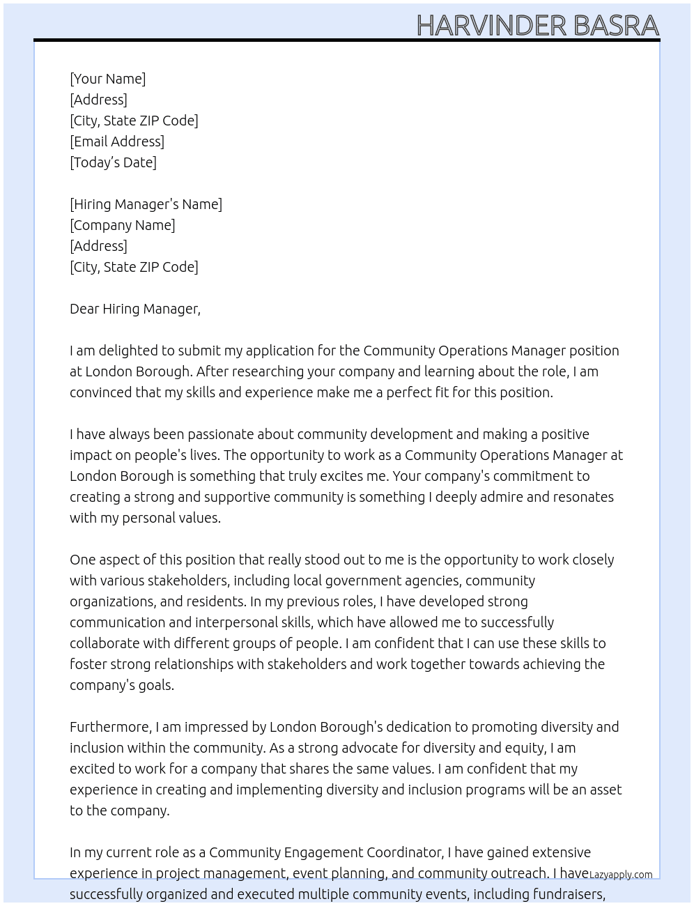 Community Operations Manager At London Borough Cover Letter