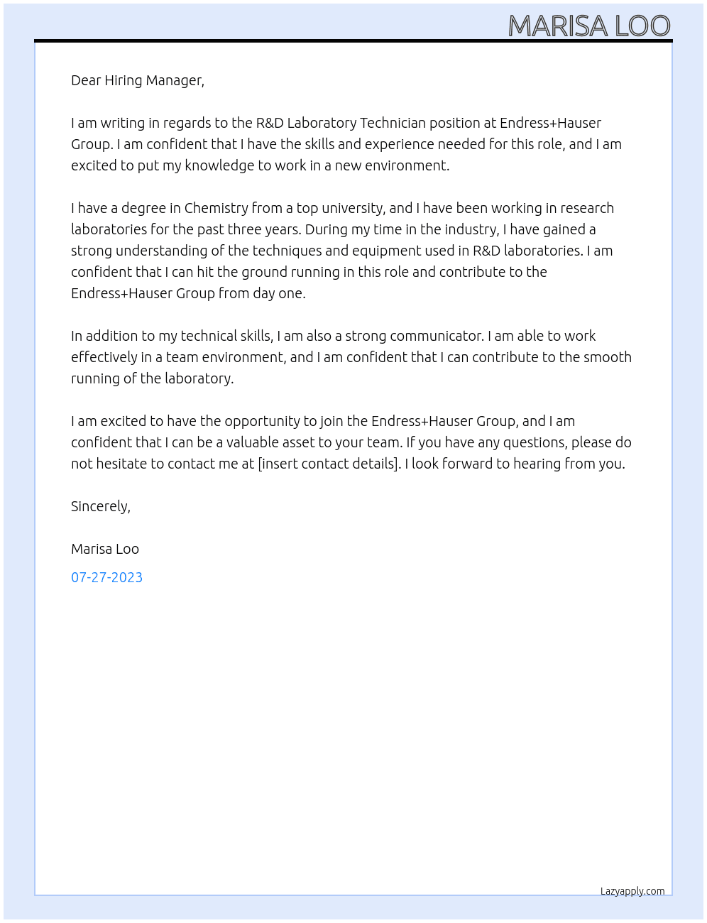 R&D Laboratory Technician At Endress+Hauser Group Cover Letter