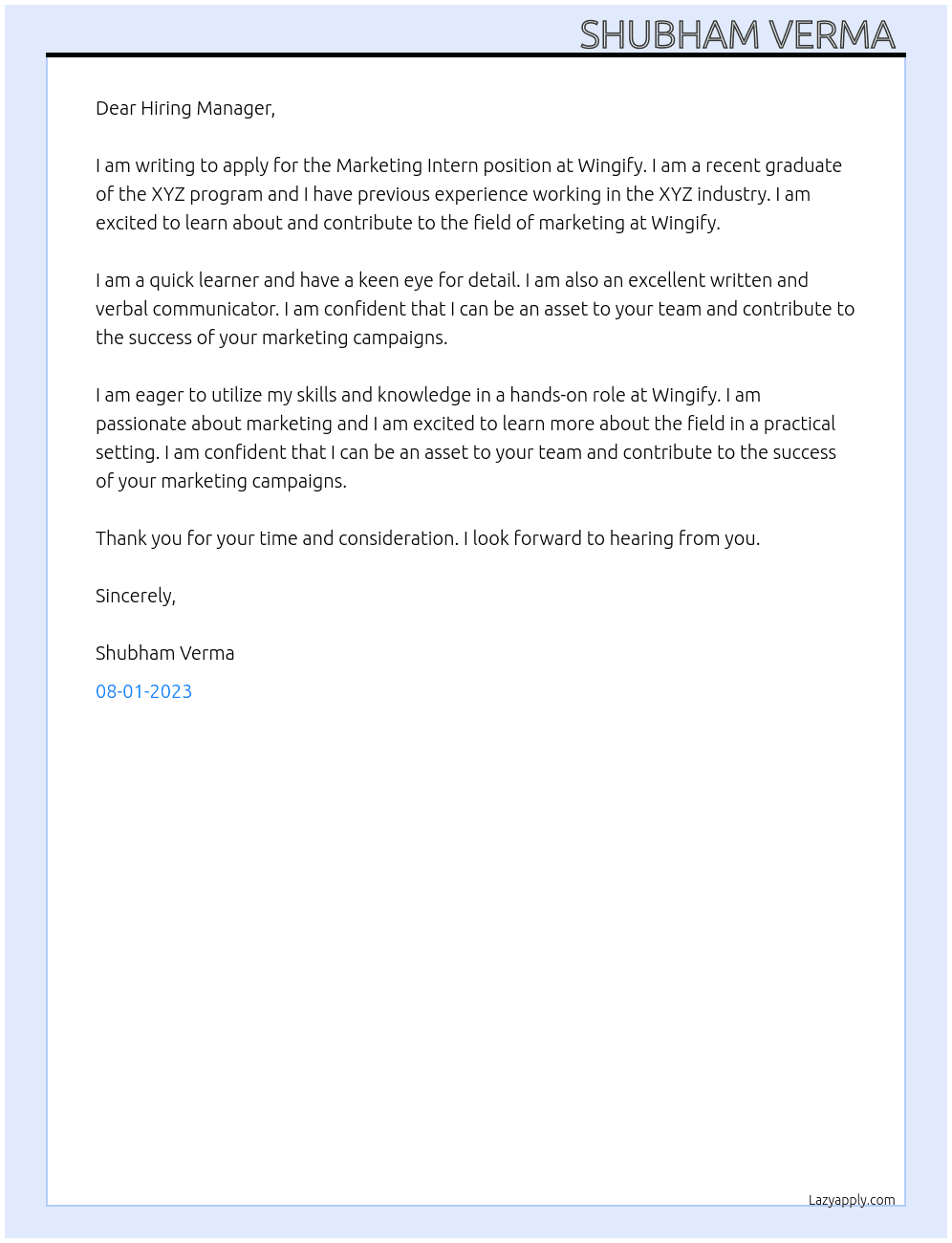 Marketing Intern At Wingify Cover Letter