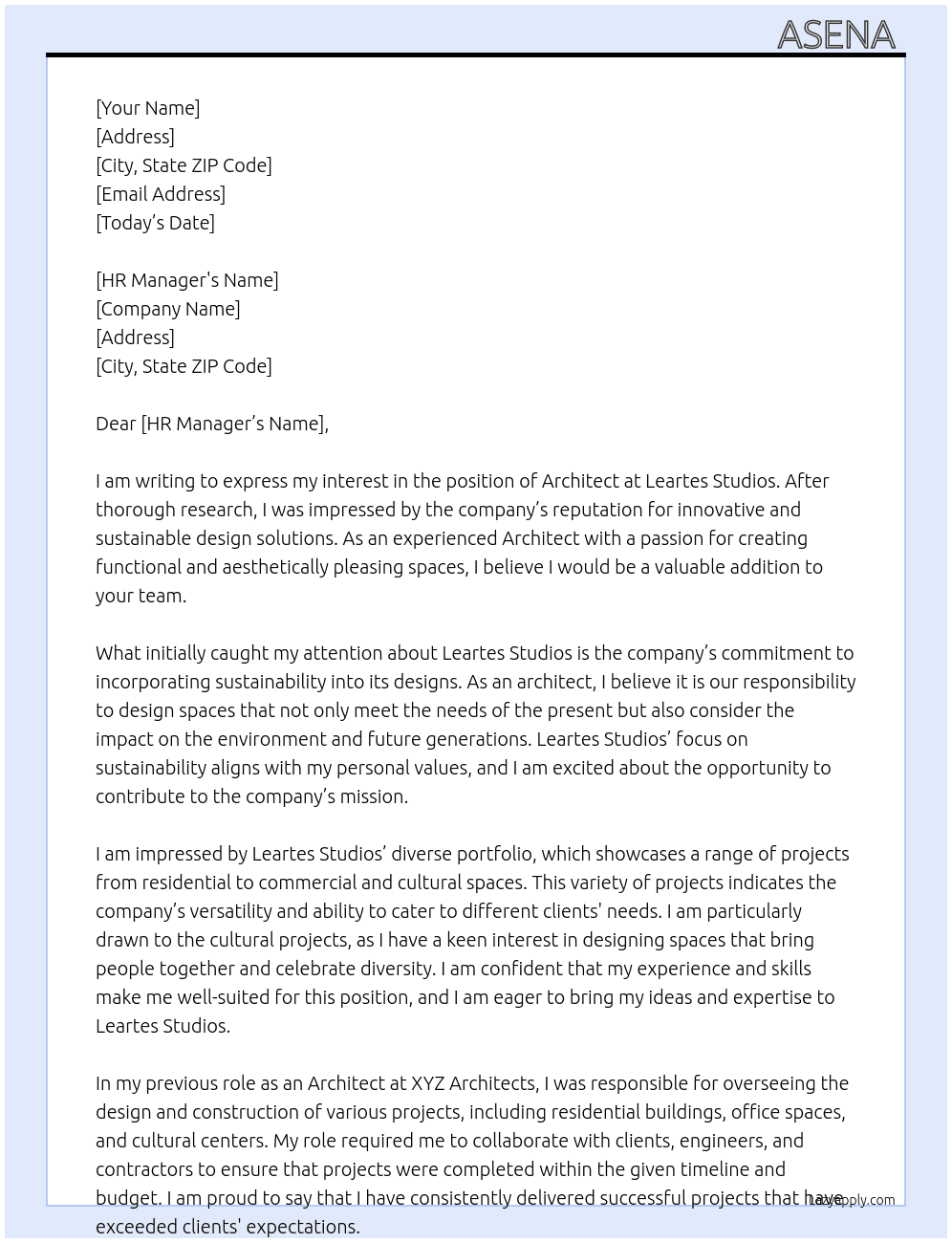 Architect At Leartes Studios Cover Letter