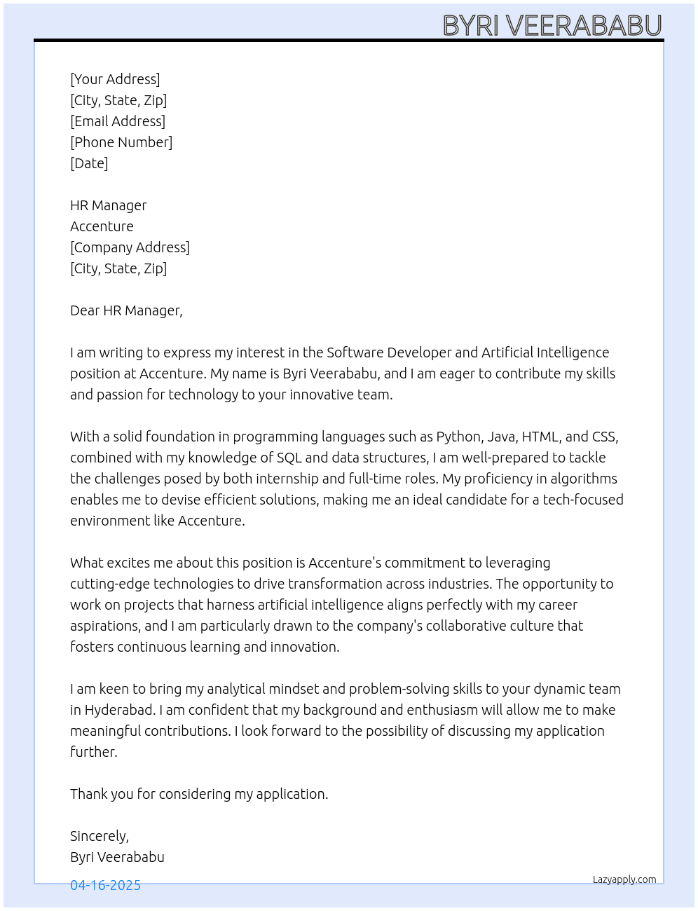 Cover letter for software developer  and artificial intelligence - LazyApply