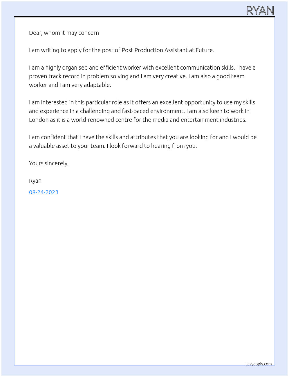 Post Production Assistant  At Future Cover Letter