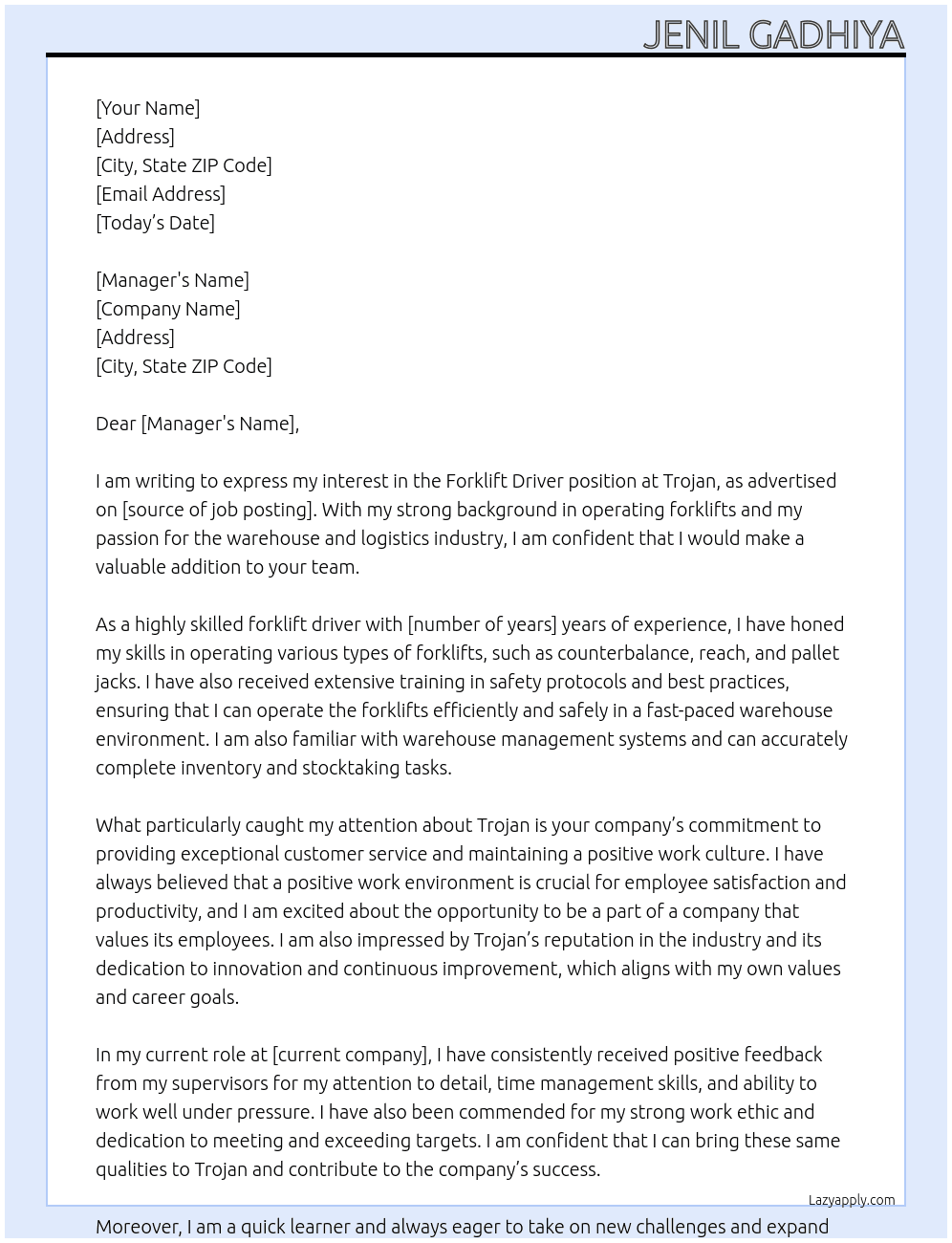 Forklift driver At Trojan Cover Letter