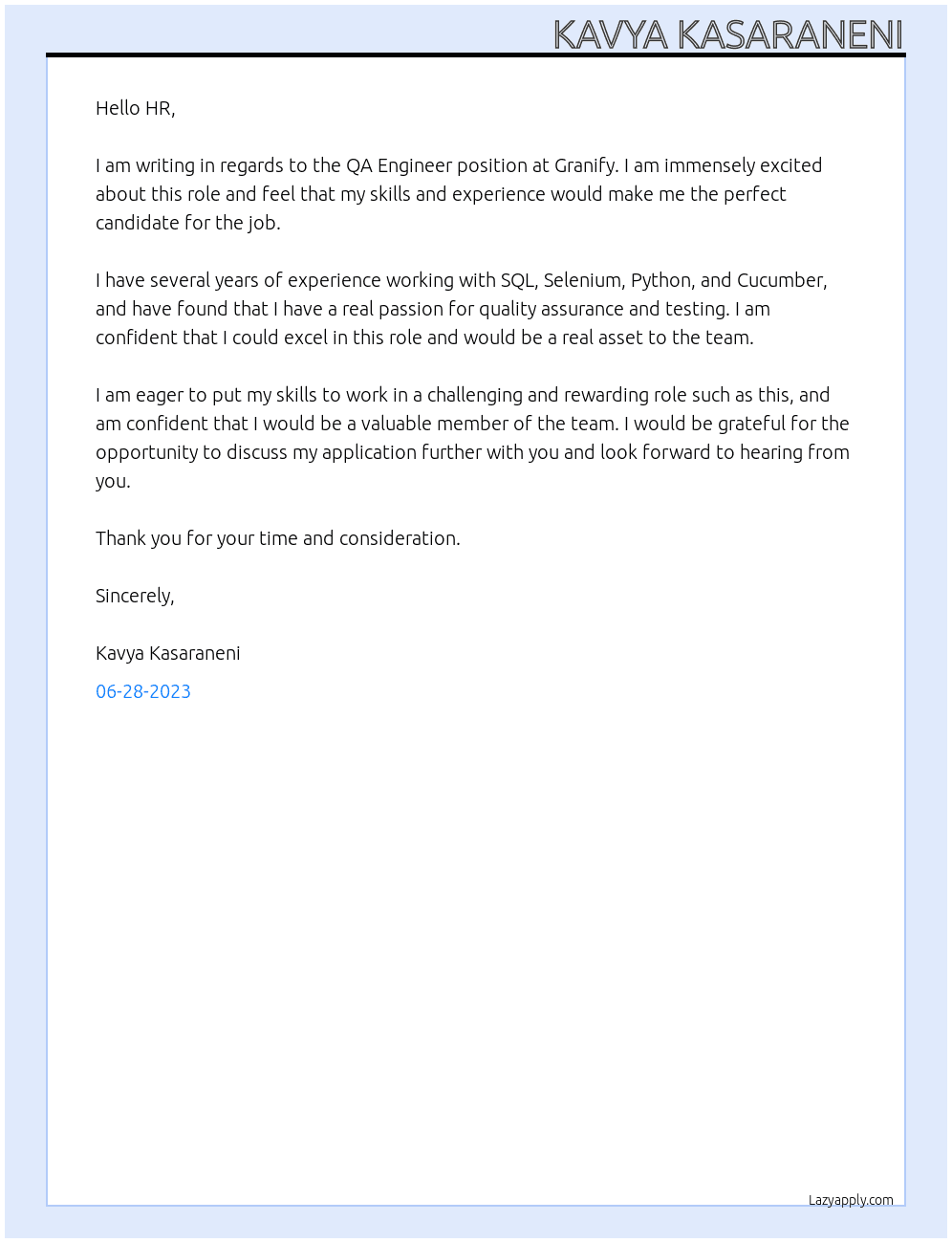 QA Engineer At Granify Cover Letter