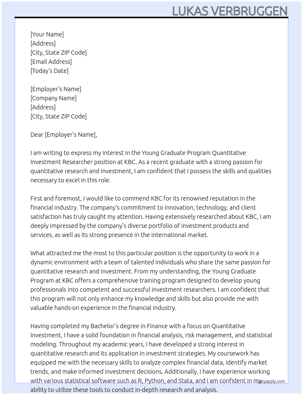 Young Graduate Program Quantative Investment Researcher At KBC Cover Letter