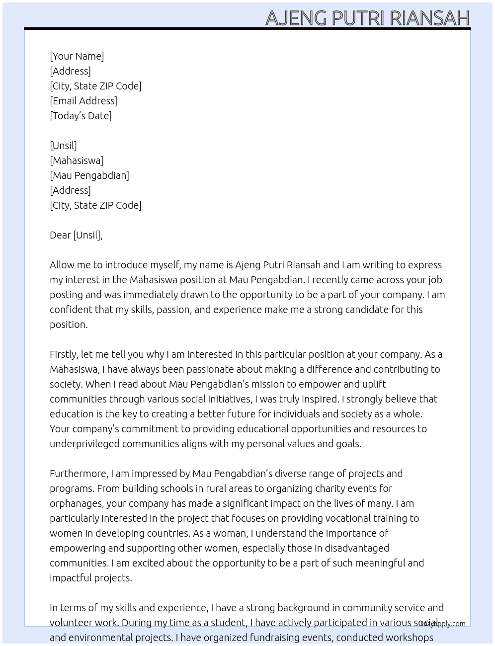 mahasiswa At mau pengabdian  Cover Letter