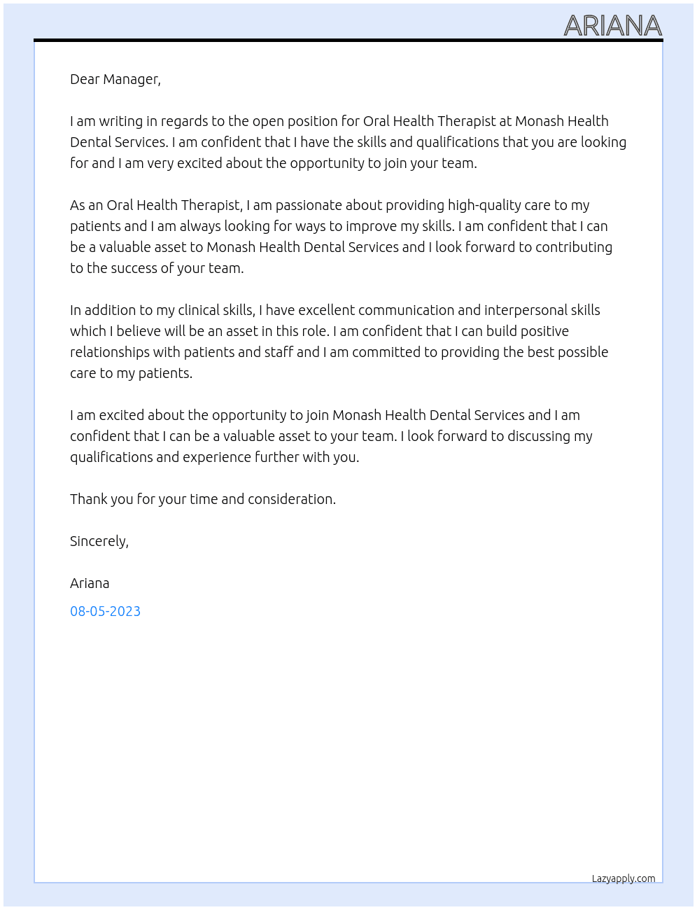 Oral Health Therapist At Monash Health Dental Services Cover Letter